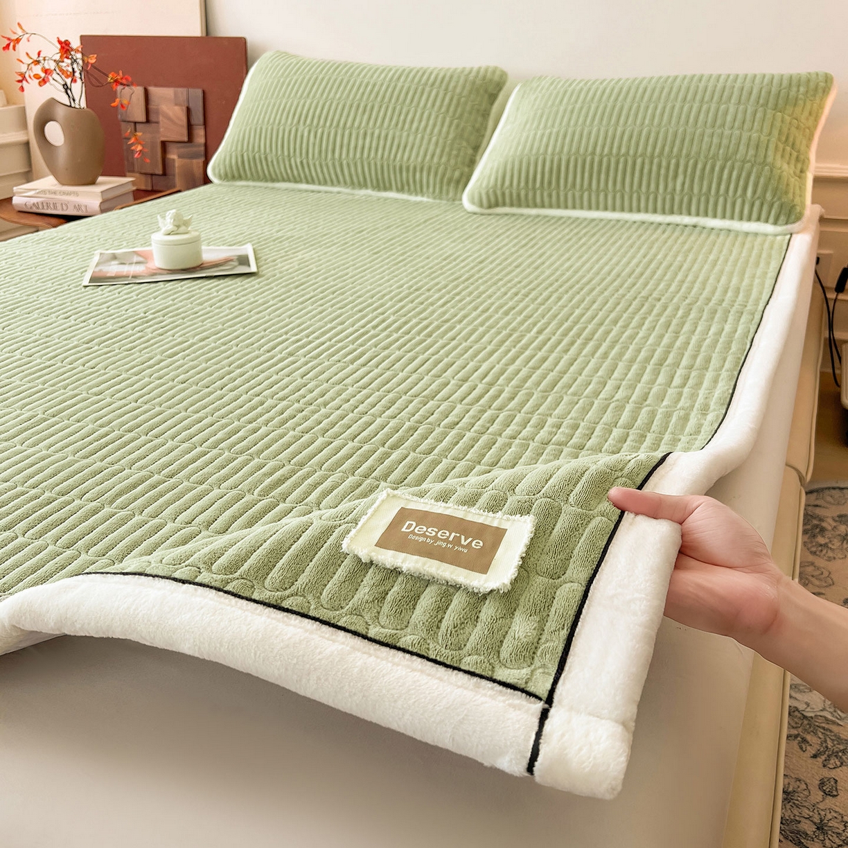 91家纺网 家纺一手货源 找家纺 喜居 2025新款A类高克重宝宝绒夹棉床褥垫-绮梦系列 绮梦-绿-宝宝绒床褥垫