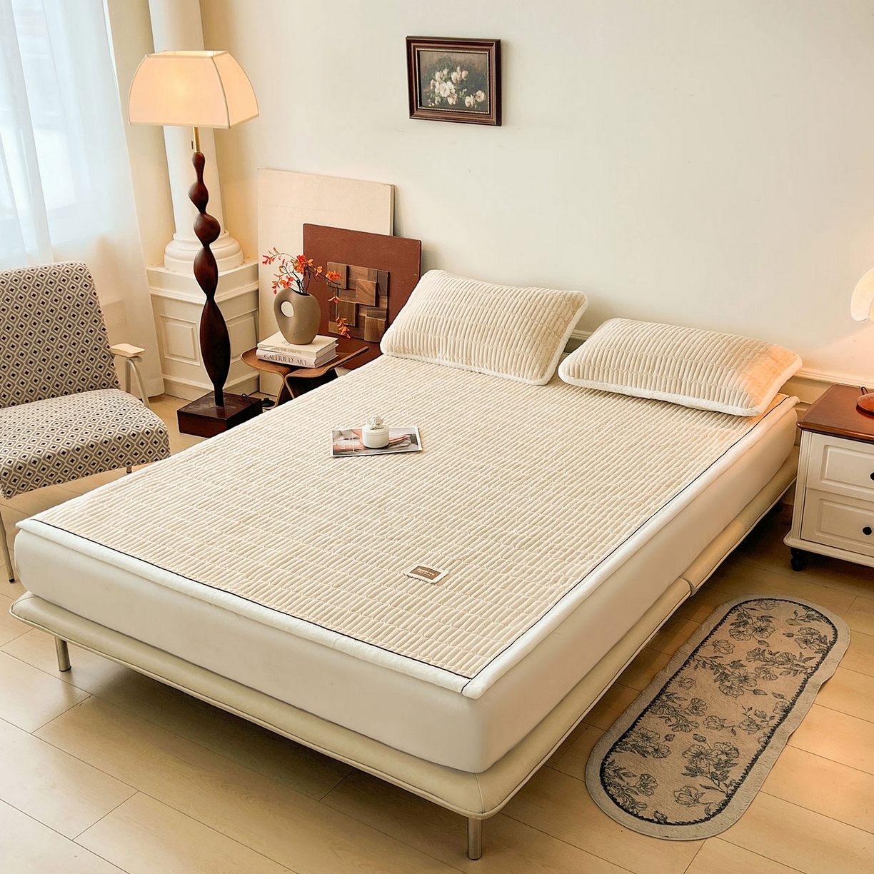 91家纺网 家纺一手货源 找家纺 喜居 2025新款A类高克重宝宝绒夹棉床褥垫-绮梦系列 绮梦-咖-宝宝绒床褥垫