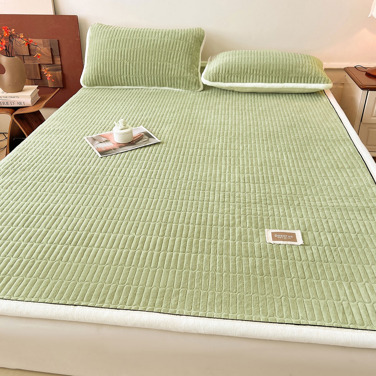 91家纺网 家纺一手货源 找家纺 喜居 2025新款A类高克重宝宝绒夹棉床褥垫-绮梦系列 绮梦-绿-宝宝绒床褥垫