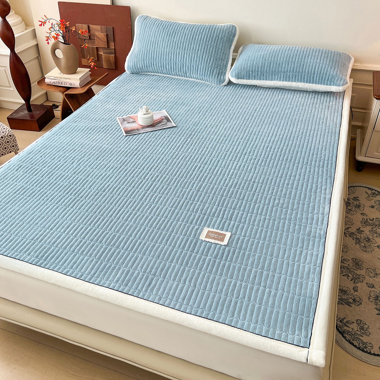 91家纺网 家纺一手货源 找家纺 喜居 2025新款A类高克重宝宝绒夹棉床褥垫-绮梦系列 绮梦-蓝-宝宝绒床褥垫