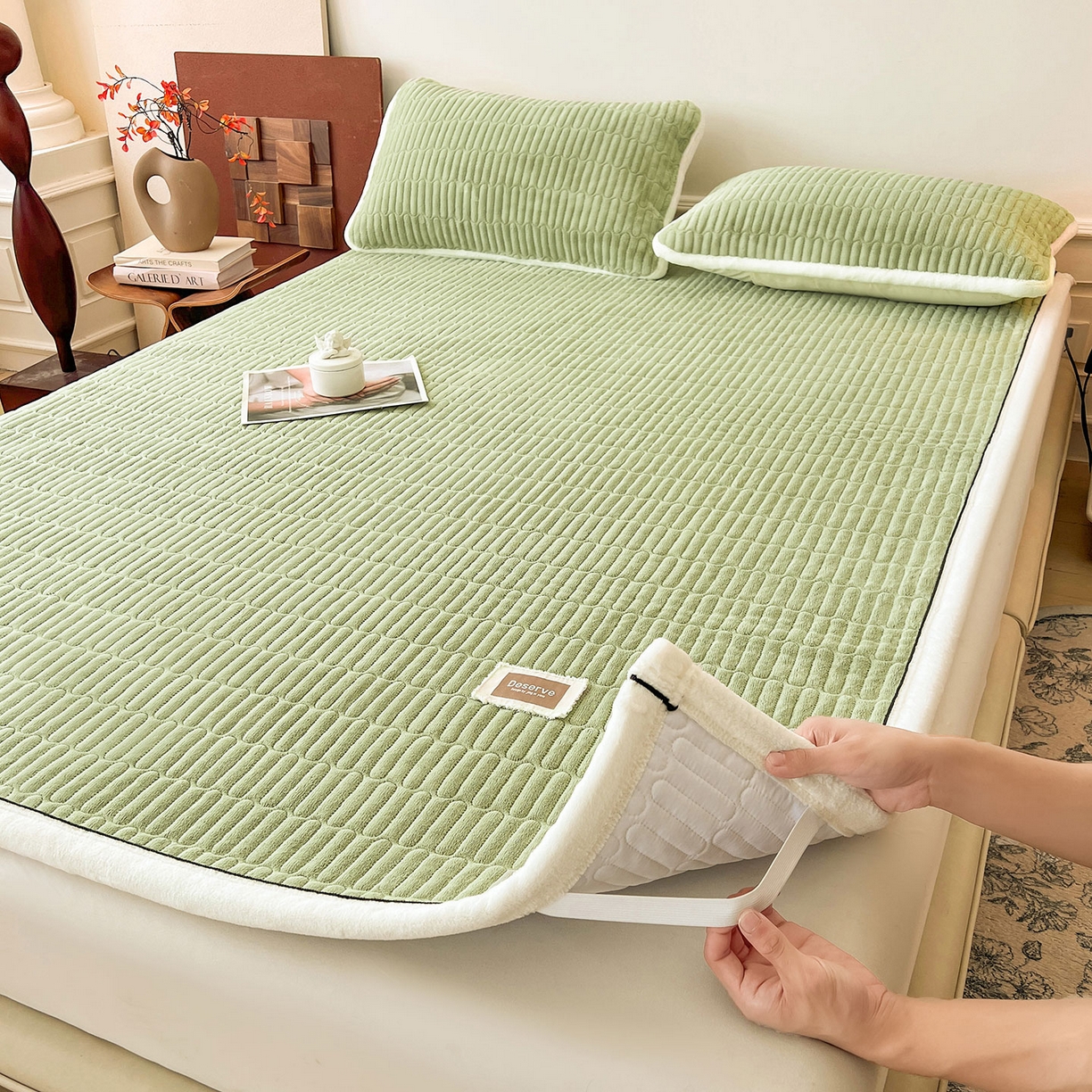 91家纺网 家纺一手货源 找家纺 喜居 2025新款A类高克重宝宝绒夹棉床褥垫-绮梦系列 绮梦-绿-宝宝绒床褥垫