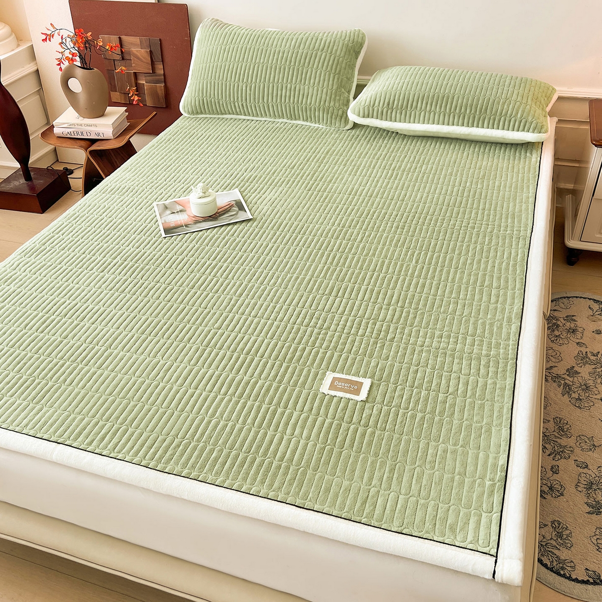 91家纺网 家纺一手货源 找家纺 喜居 2025新款A类高克重宝宝绒夹棉床褥垫-绮梦系列 绮梦-绿-宝宝绒床褥垫