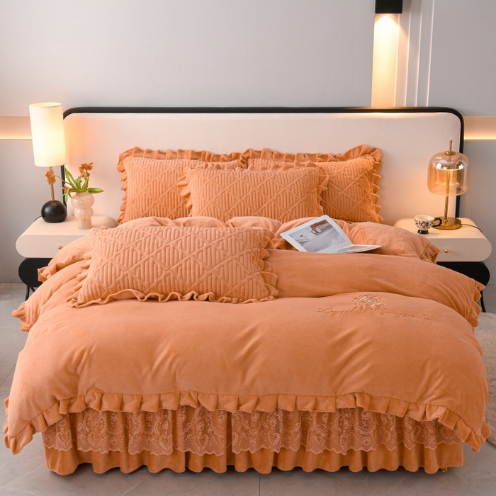 优家居 2025新品240克高克重牛奶绒韩版牛奶绒夹棉床裙四件套床裙三件套直播爆款 东方韵-橙色