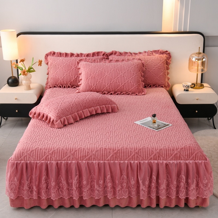 优家居 2025新品240克高克重牛奶绒韩版牛奶绒夹棉床裙三件套冬季直播爆款 东方韵-豆沙