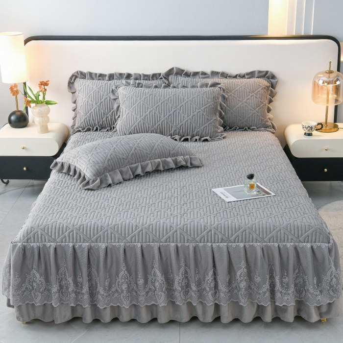 优家居 2025新品240克高克重牛奶绒韩版牛奶绒夹棉床裙三件套冬季直播爆款 东方韵-灰色