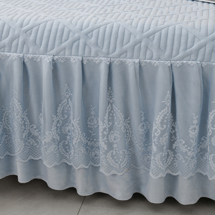 91家纺网 家纺一手货源 找家纺 优家居 2025新品240克高克重牛奶绒韩版牛奶绒夹棉床裙三件套冬季直播爆款 东方韵-浅蓝