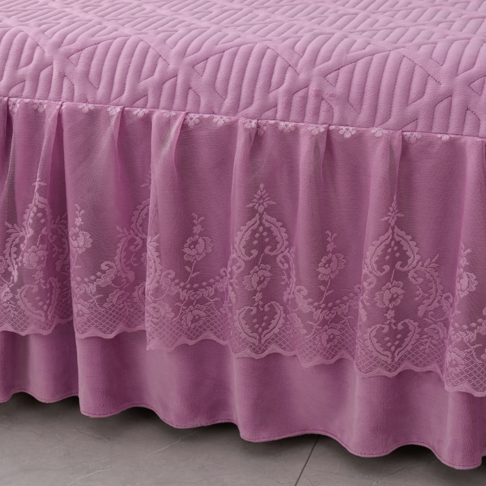 91家纺网 家纺一手货源 找家纺 优家居 2025新品240克高克重牛奶绒韩版牛奶绒夹棉床裙三件套冬季直播爆款 东方韵-紫色