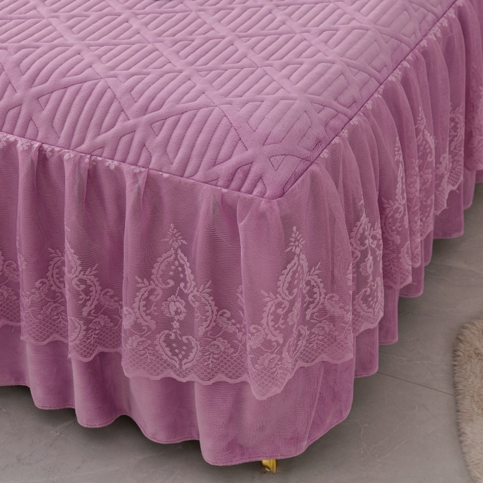 91家纺网 家纺一手货源 找家纺 优家居 2025新品240克高克重牛奶绒韩版牛奶绒夹棉床裙三件套冬季直播爆款 东方韵-紫色