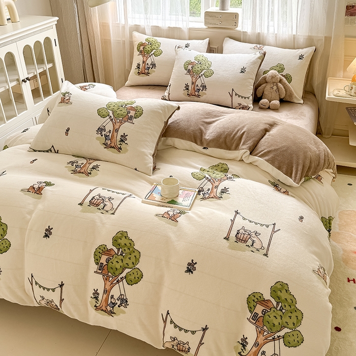 卡罗兰 2025新款200克牛奶绒小清新印花四件套 花园兔