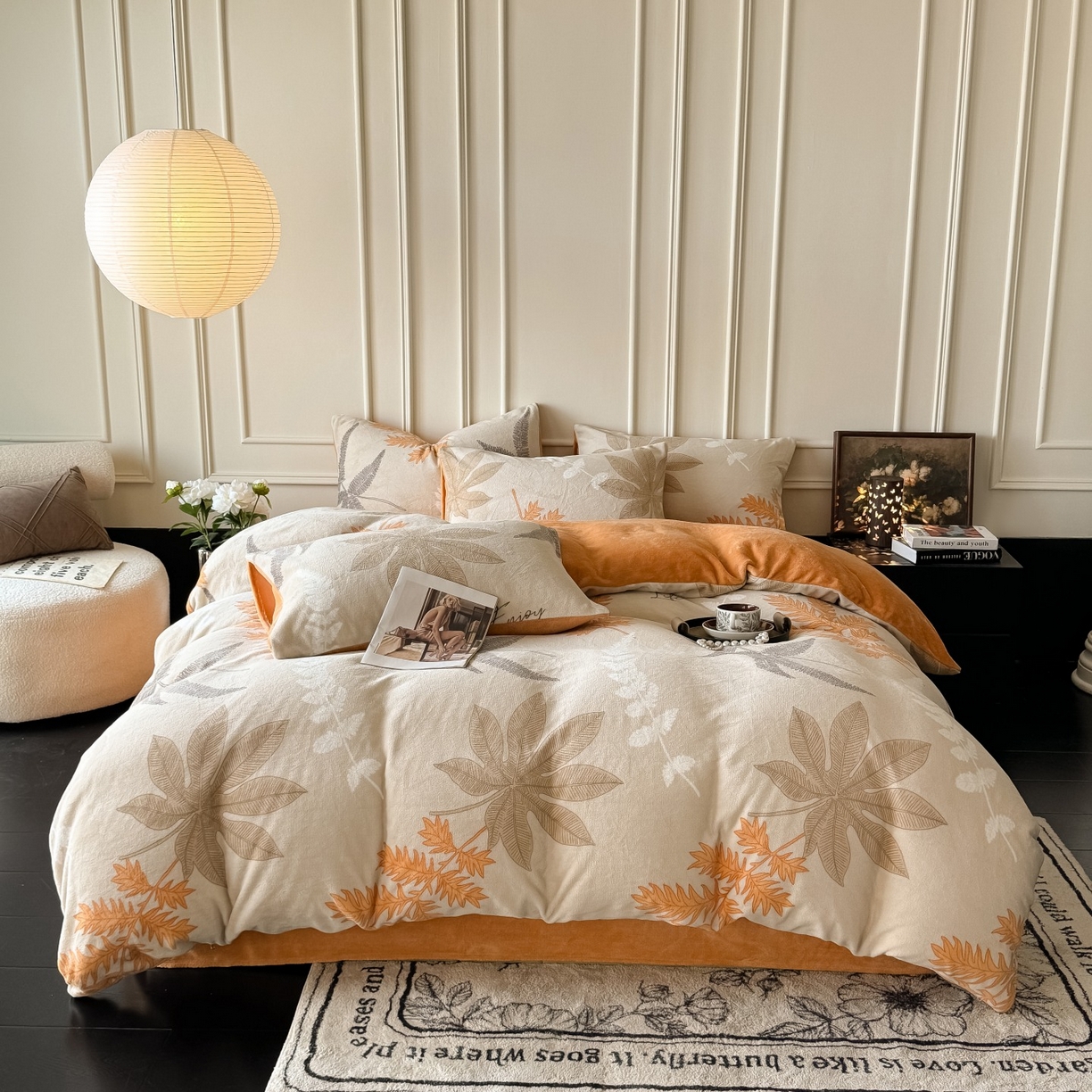 91家纺网 家纺一手货源 找家纺 卡罗兰 2025新款200克牛奶绒小清新印花四件套 知秋