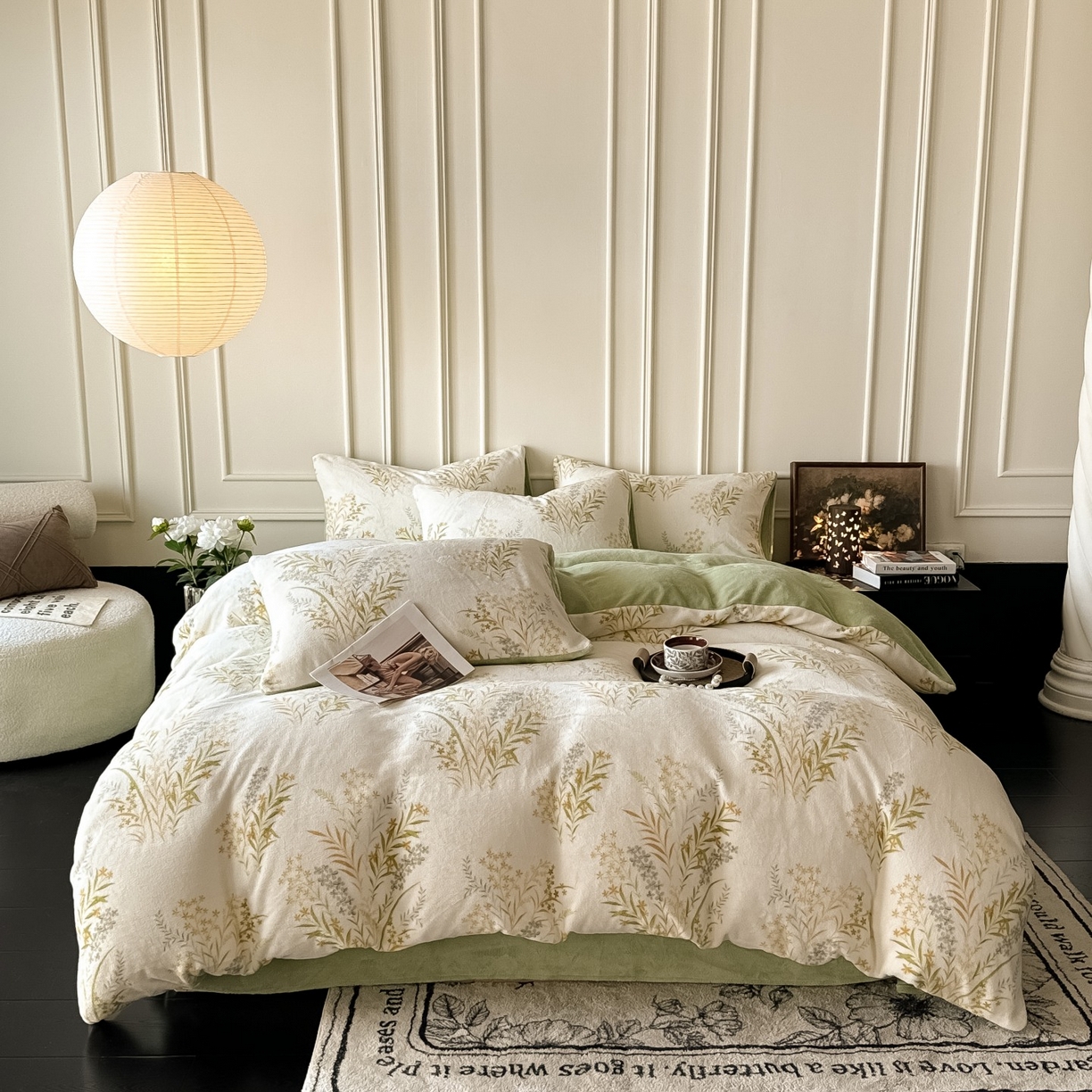 91家纺网 家纺一手货源 找家纺 卡罗兰 2025新款200克牛奶绒小清新印花四件套 仙草