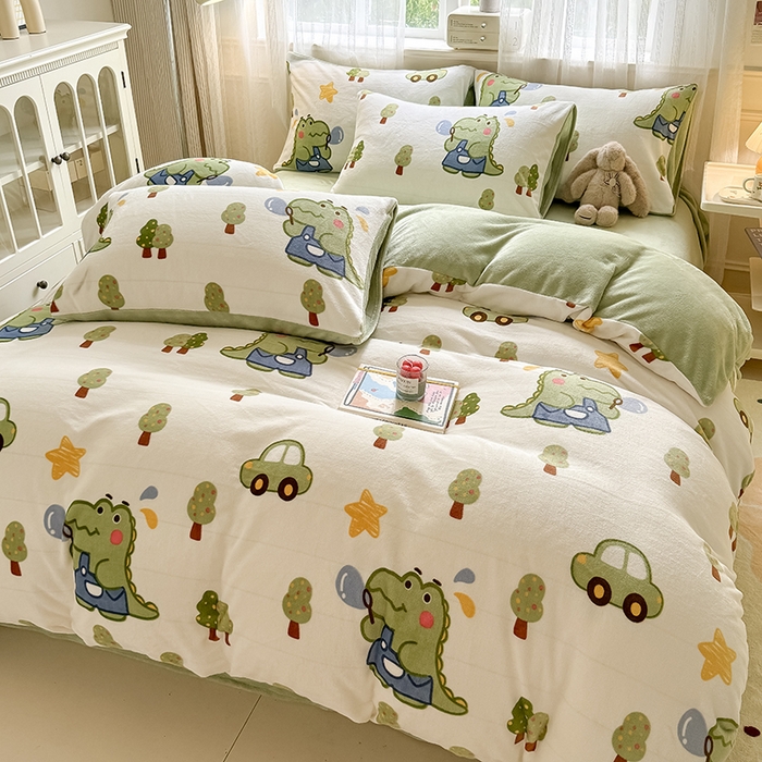 卡罗兰 2025新款200克牛奶绒小清新印花四件套 小恐龙