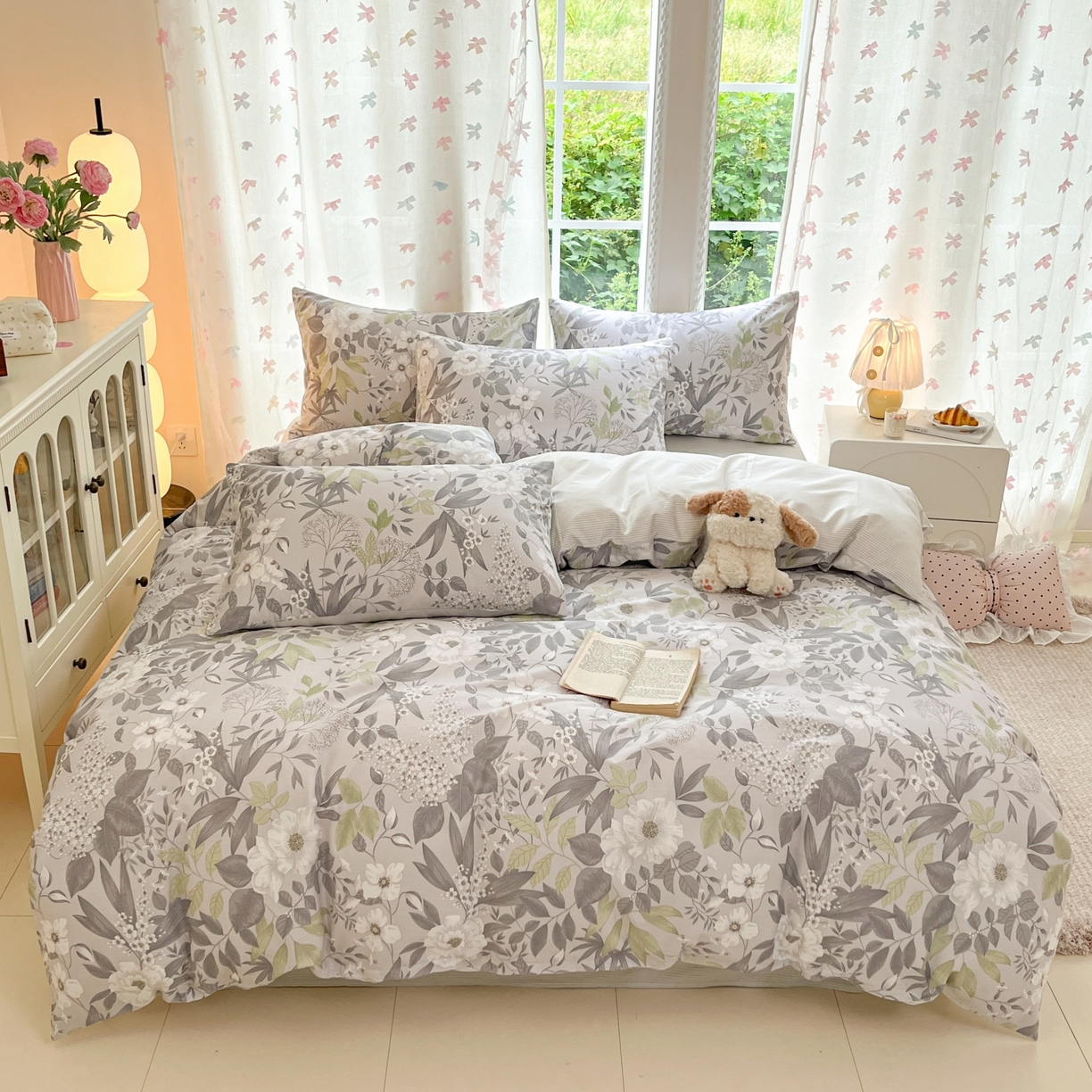 91家纺网 家纺一手货源 找家纺 柠馨 2025新款全棉印花四件套安凡妮系列 白晴