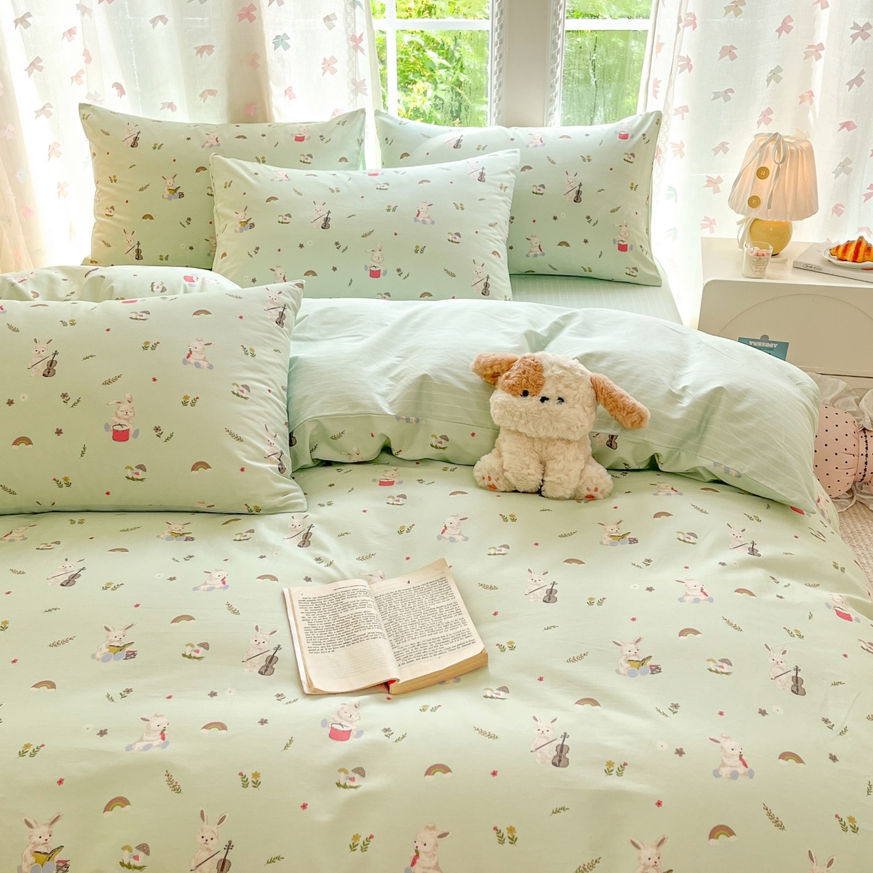 91家纺网 家纺一手货源 找家纺 柠馨 2025新款全棉印花四件套安凡妮系列 萝莉兔