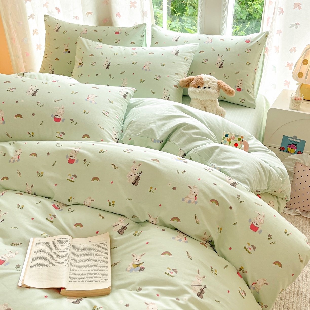 91家纺网 家纺一手货源 找家纺 柠馨 2025新款全棉印花四件套安凡妮系列 萝莉兔