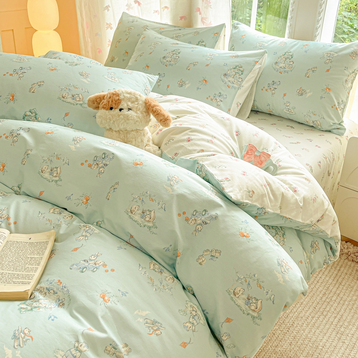 91家纺网 家纺一手货源 找家纺 柠馨 2025新款全棉印花四件套安凡妮系列 萌小喵