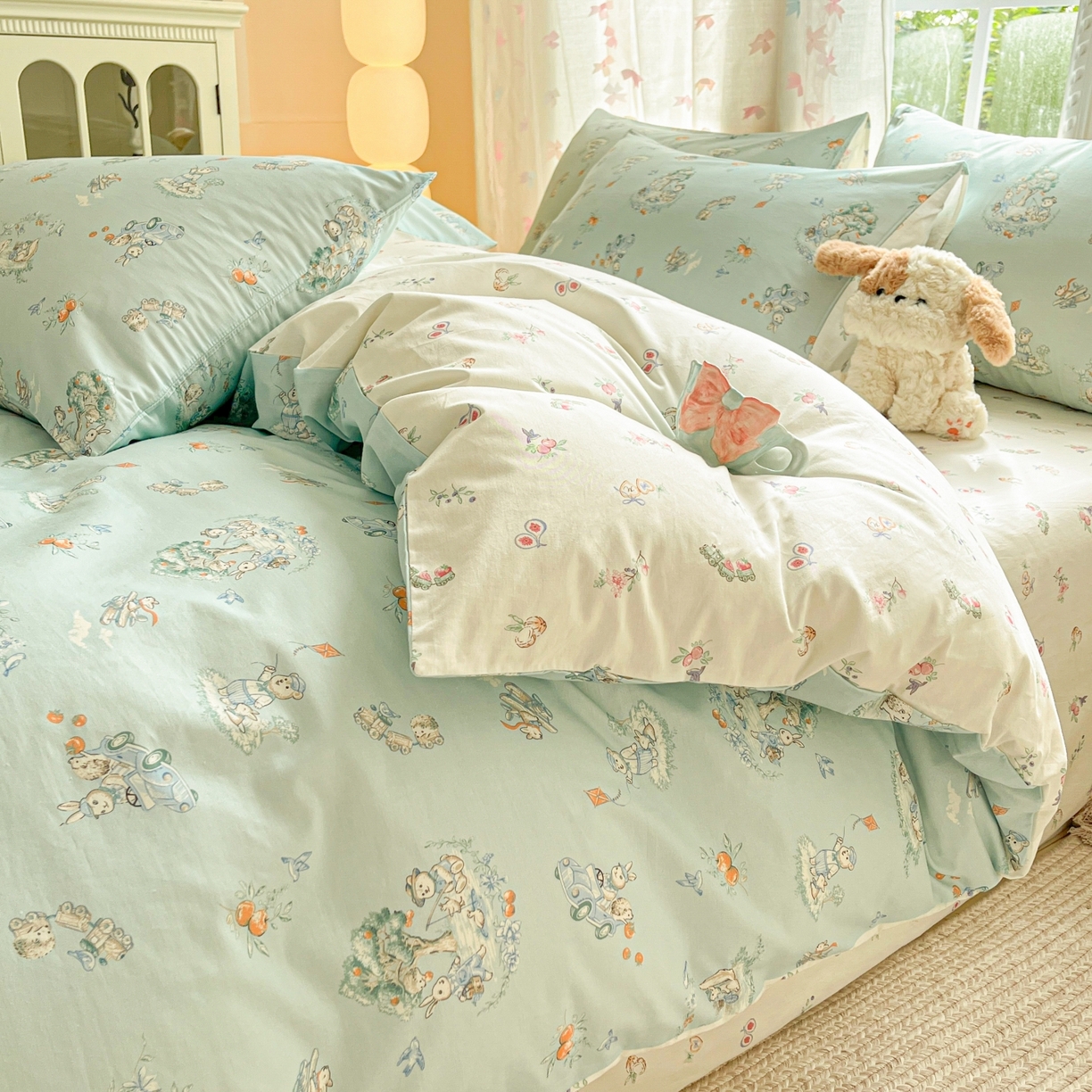 91家纺网 家纺一手货源 找家纺 柠馨 2025新款全棉印花四件套安凡妮系列 萌小喵