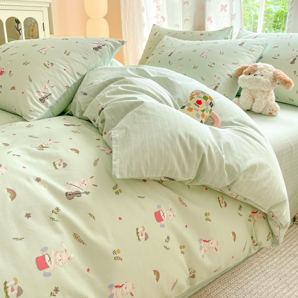 91家纺网 家纺一手货源 找家纺 柠馨 2025新款全棉印花四件套安凡妮系列 萝莉兔