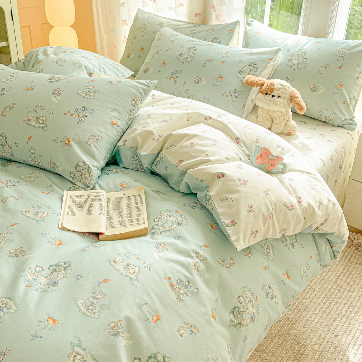 91家纺网 家纺一手货源 找家纺 柠馨 2025新款全棉印花四件套安凡妮系列 萌小喵