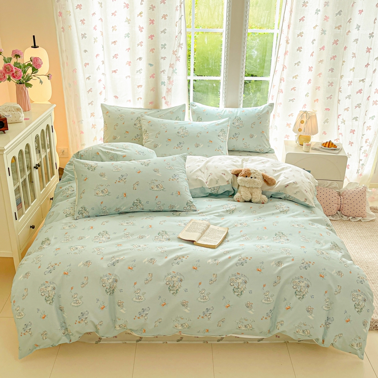 91家纺网 家纺一手货源 找家纺 柠馨 2025新款全棉印花四件套安凡妮系列 萌小喵