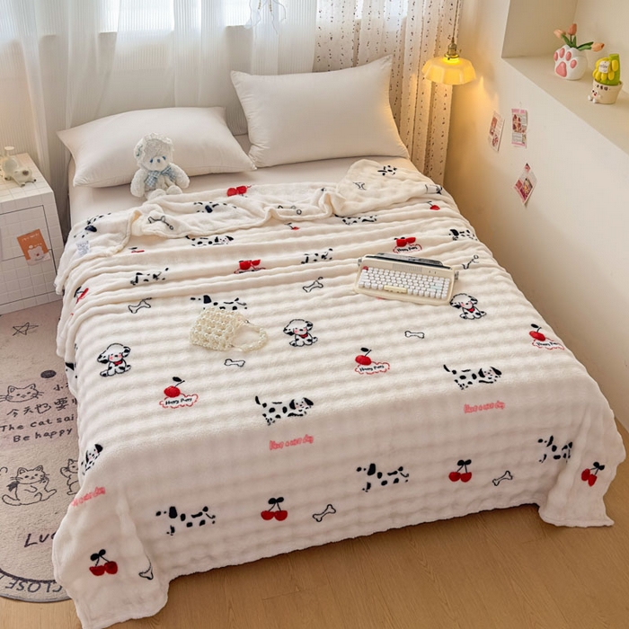 91家纺网 家纺一手货源 找家纺 爱彼家纺 2025秋冬新款泡泡绒印花毛毯毯子多功能盖毯-系列二 波点萌狗