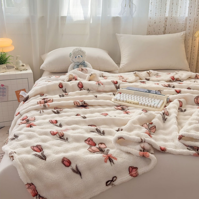 91家纺网 家纺一手货源 找家纺 爱彼家纺 2025秋冬新款泡泡绒印花毛毯毯子多功能盖毯-系列二 粉色郁金香