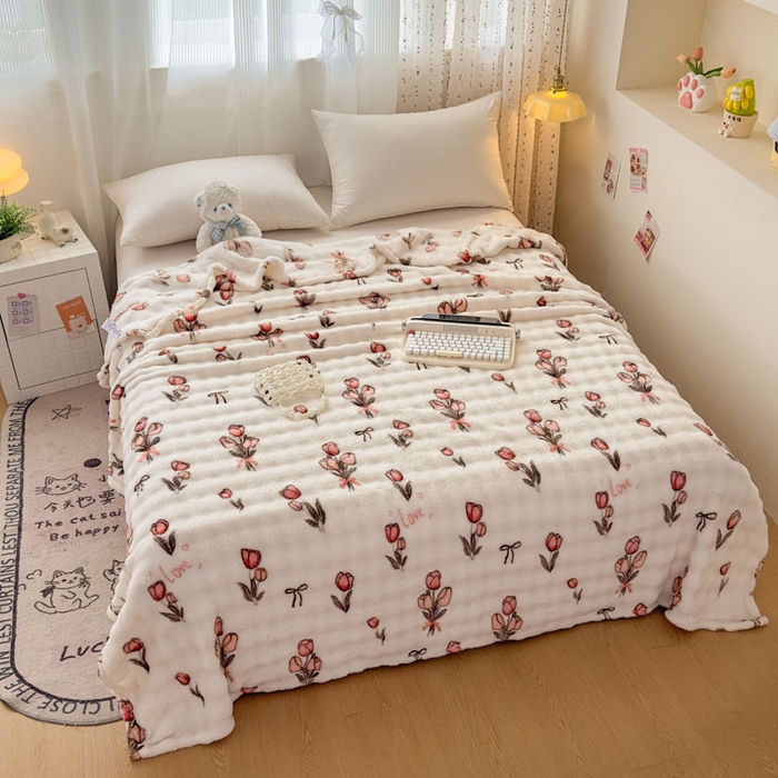 91家纺网 家纺一手货源 找家纺 爱彼家纺 2025秋冬新款泡泡绒印花毛毯毯子多功能盖毯-系列二 粉色郁金香