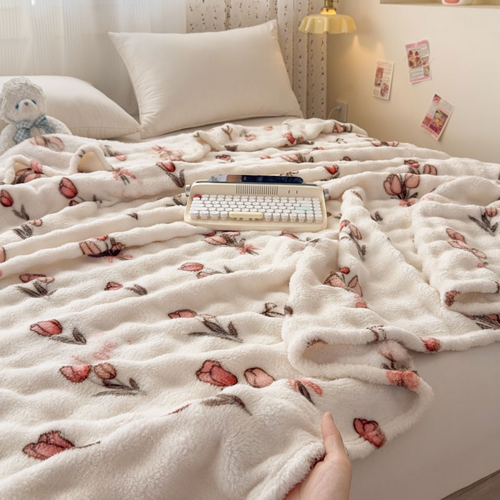 91家纺网 家纺一手货源 找家纺 爱彼家纺 2025秋冬新款泡泡绒印花毛毯毯子多功能盖毯-系列二 粉色郁金香