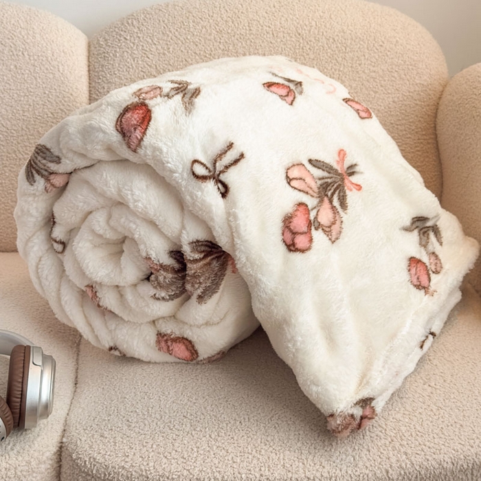 91家纺网 家纺一手货源 找家纺 爱彼家纺 2025秋冬新款泡泡绒印花毛毯毯子多功能盖毯-系列二 粉色郁金香