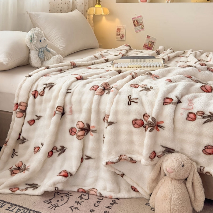 91家纺网 家纺一手货源 找家纺 爱彼家纺 2025秋冬新款泡泡绒印花毛毯毯子多功能盖毯-系列二 粉色郁金香