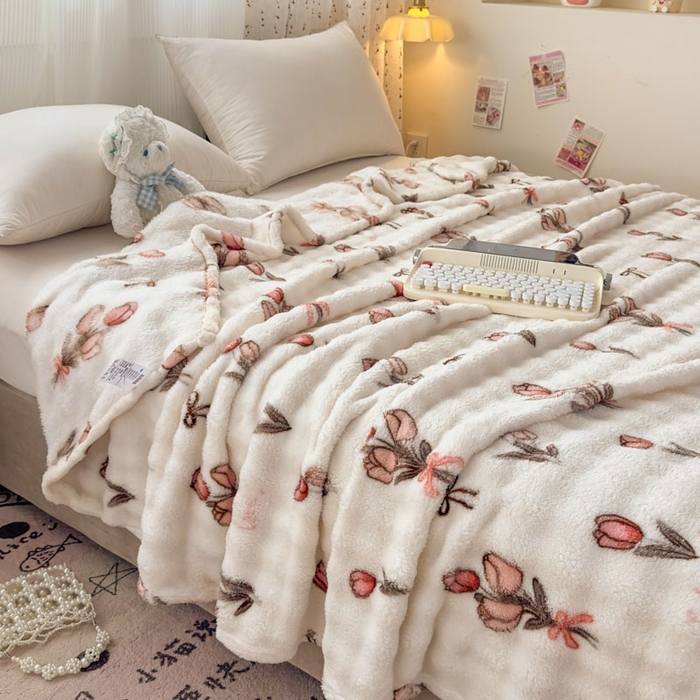 91家纺网 家纺一手货源 找家纺 爱彼家纺 2025秋冬新款泡泡绒印花毛毯毯子多功能盖毯-系列二 粉色郁金香