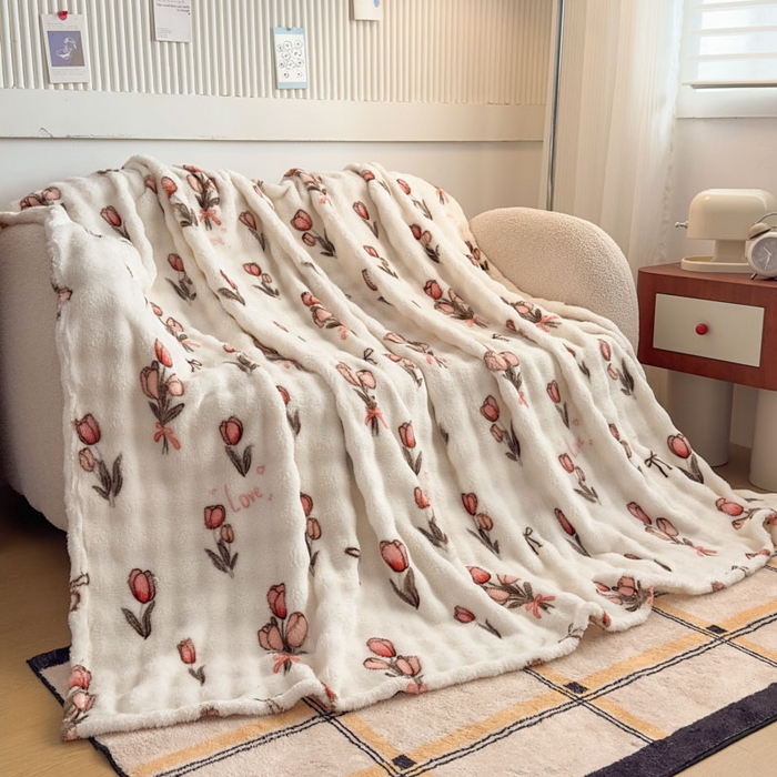 91家纺网 家纺一手货源 找家纺 爱彼家纺 2025秋冬新款泡泡绒印花毛毯毯子多功能盖毯-系列二 粉色郁金香