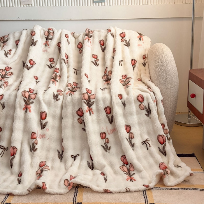 91家纺网 家纺一手货源 找家纺 爱彼家纺 2025秋冬新款泡泡绒印花毛毯毯子多功能盖毯-系列二 粉色郁金香