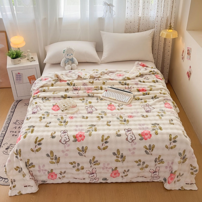 91家纺网 家纺一手货源 找家纺 爱彼家纺 2025秋冬新款泡泡绒印花毛毯毯子多功能盖毯-系列二 青青小免