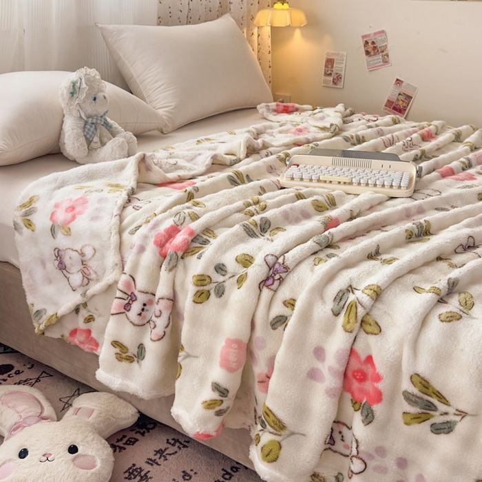 91家纺网 家纺一手货源 找家纺 爱彼家纺 2025秋冬新款泡泡绒印花毛毯毯子多功能盖毯-系列二 青青小免