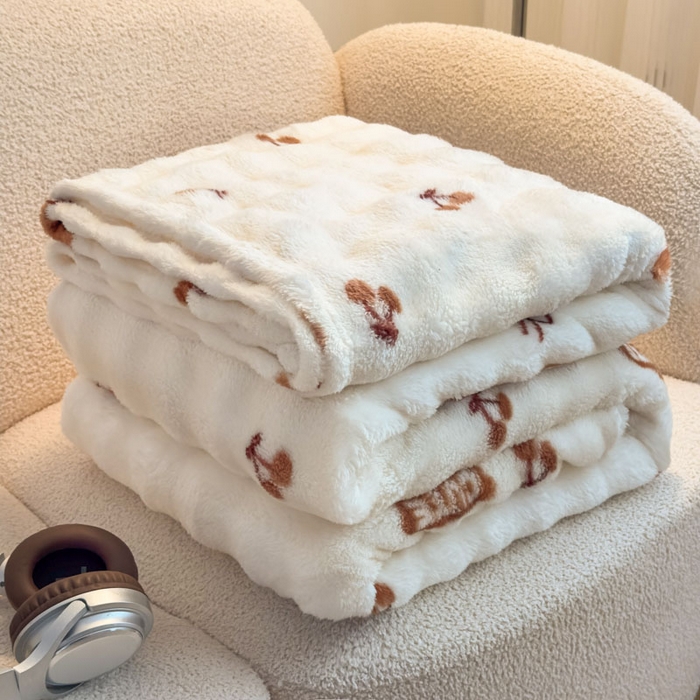 爱彼家纺 2025秋冬新款泡泡绒印花毛毯毯子多功能盖毯-系列二 樱桃小熊