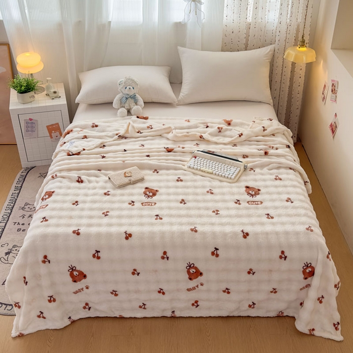 91家纺网 家纺一手货源 找家纺 爱彼家纺 2025秋冬新款泡泡绒印花毛毯毯子多功能盖毯-系列二 樱桃小熊