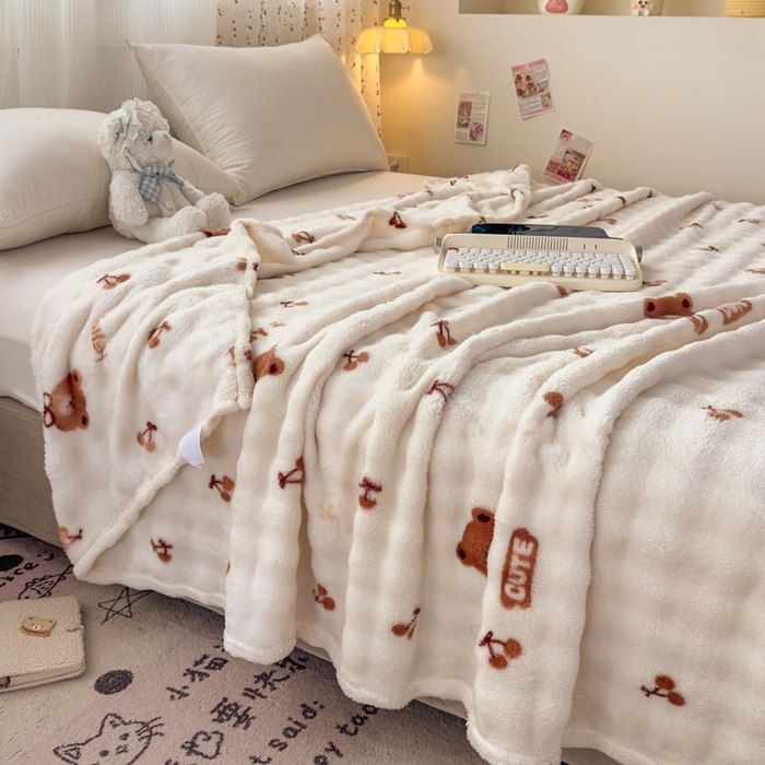 91家纺网 家纺一手货源 找家纺 爱彼家纺 2025秋冬新款泡泡绒印花毛毯毯子多功能盖毯-系列二 樱桃小熊