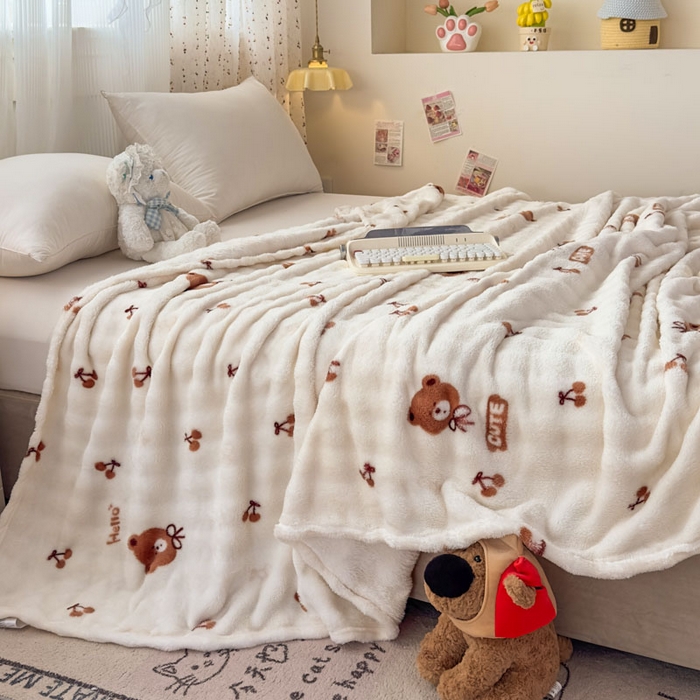 91家纺网 家纺一手货源 找家纺 爱彼家纺 2025秋冬新款泡泡绒印花毛毯毯子多功能盖毯-系列二 樱桃小熊