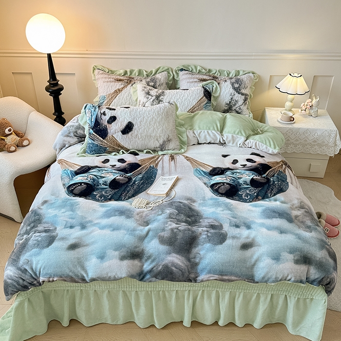 91家纺网 家纺一手货源 找家纺 （总）雅眠居 2025直播爆款5D大版数码印花牛奶绒床盖四件套宝宝绒床裙