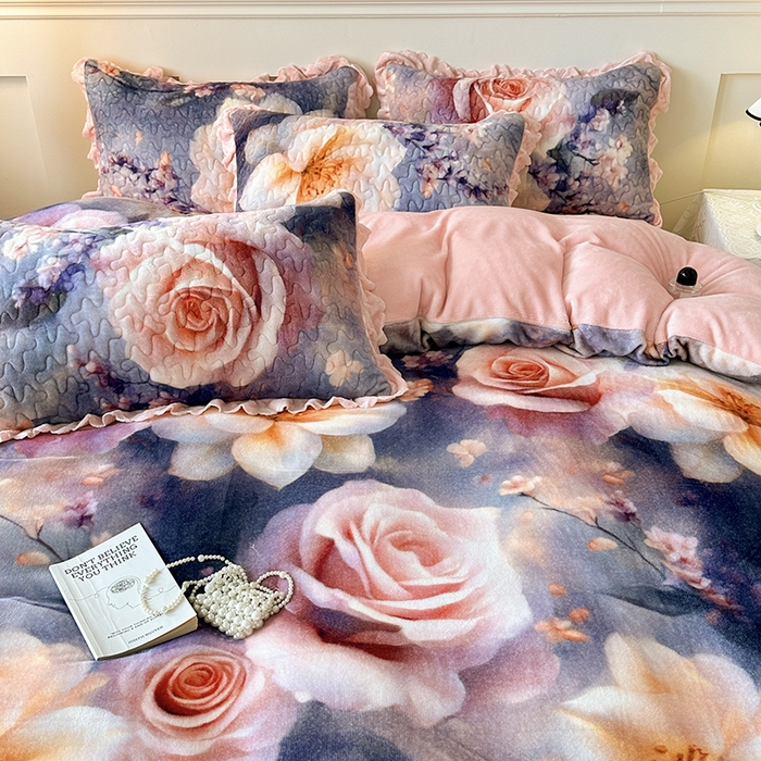 91家纺网 家纺一手货源 找家纺 （总）雅眠居 2025直播爆款5D大版数码印花牛奶绒床盖四件套宝宝绒床裙