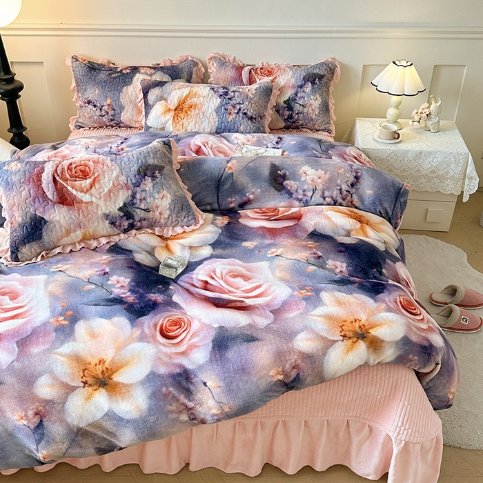 91家纺网 家纺一手货源 找家纺 （总）雅眠居 2025直播爆款5D大版数码印花牛奶绒床盖四件套宝宝绒床裙