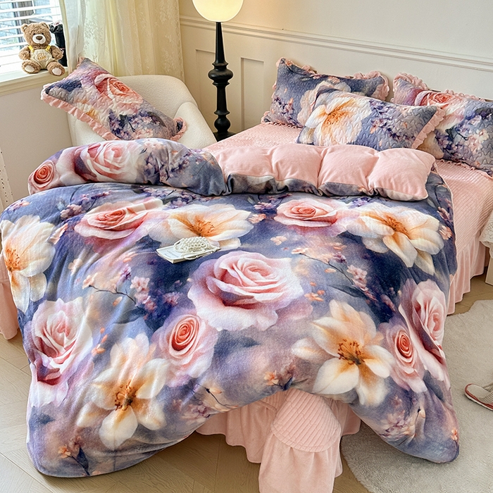 91家纺网 家纺一手货源 找家纺 （总）雅眠居 2025直播爆款5D大版数码印花牛奶绒床盖四件套宝宝绒床裙