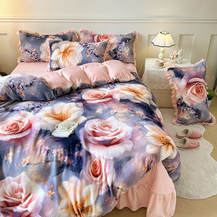 91家纺网 家纺一手货源 找家纺 （总）雅眠居 2025直播爆款5D大版数码印花牛奶绒床盖四件套宝宝绒床裙