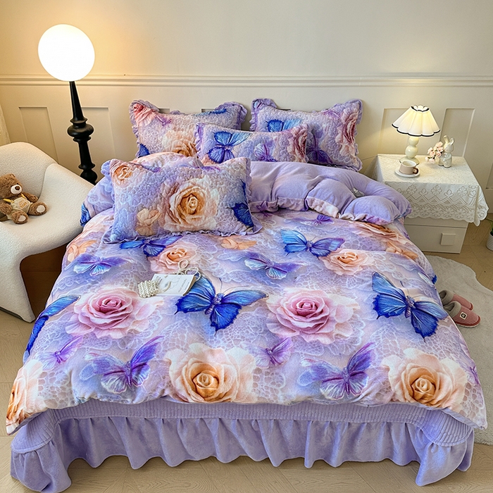 雅眠居 2025直播爆款5D大版数码印花牛奶绒床盖四件套宝宝绒床裙 蝴蝶花