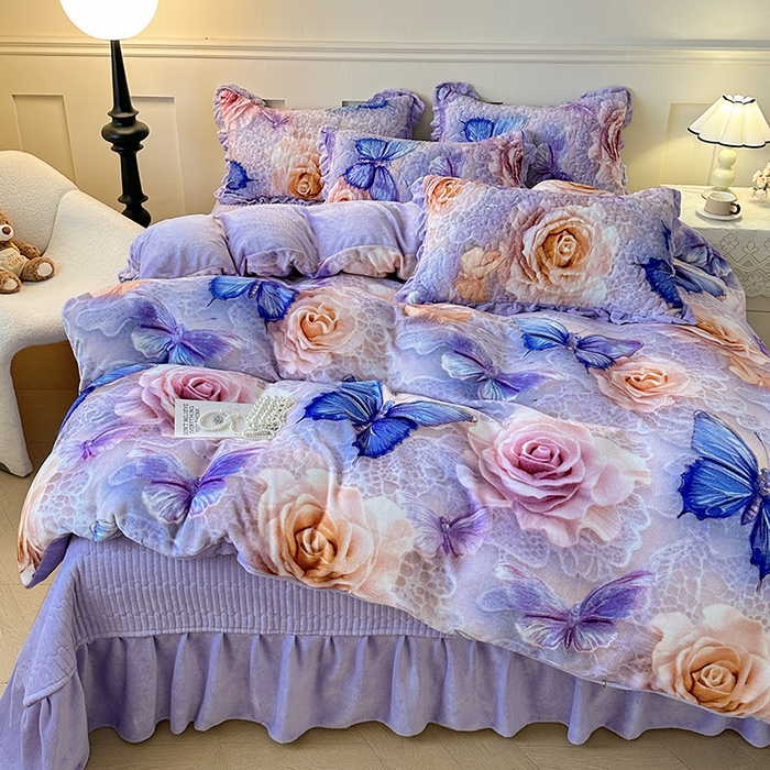 91家纺网 家纺一手货源 找家纺 雅眠居 2025直播爆款5D大版数码印花牛奶绒床盖四件套宝宝绒床裙 蝴蝶花