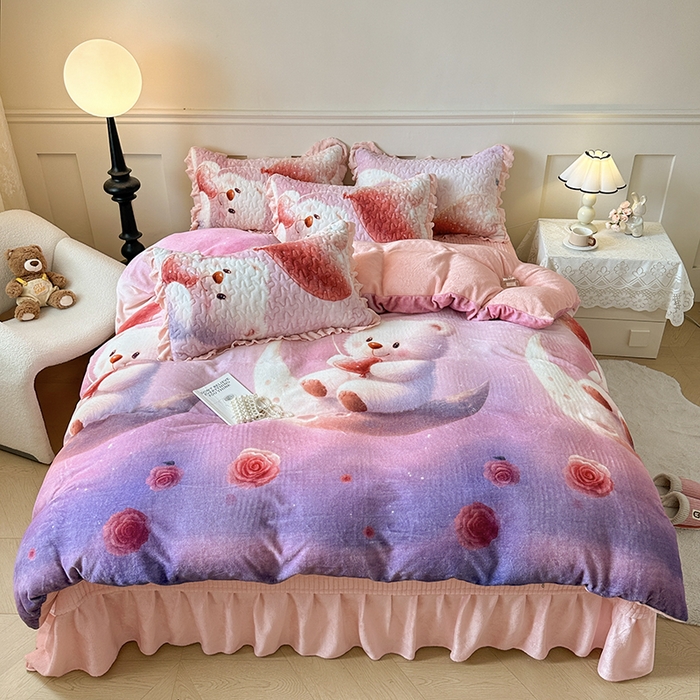 雅眠居 2025直播爆款5D大版数码印花牛奶绒床盖四件套宝宝绒床裙 可爱熊