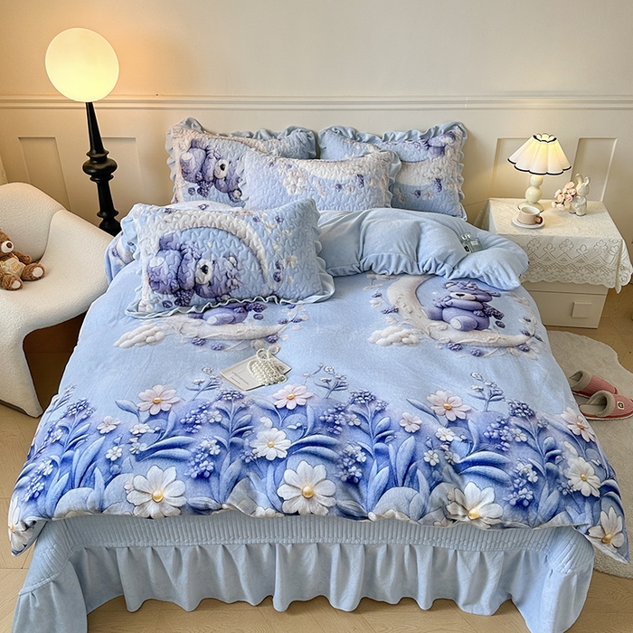 雅眠居 2025直播爆款5D大版数码印花牛奶绒床盖四件套宝宝绒床裙 小熊派对