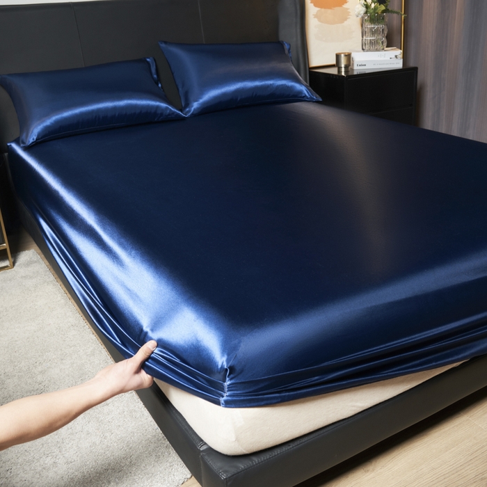 91家纺网 家纺一手货源 找家纺 柏钧家纺 2025新款轻奢款跨境外贸可定制色丁床笠不防水款  全尺寸多规格 蓝