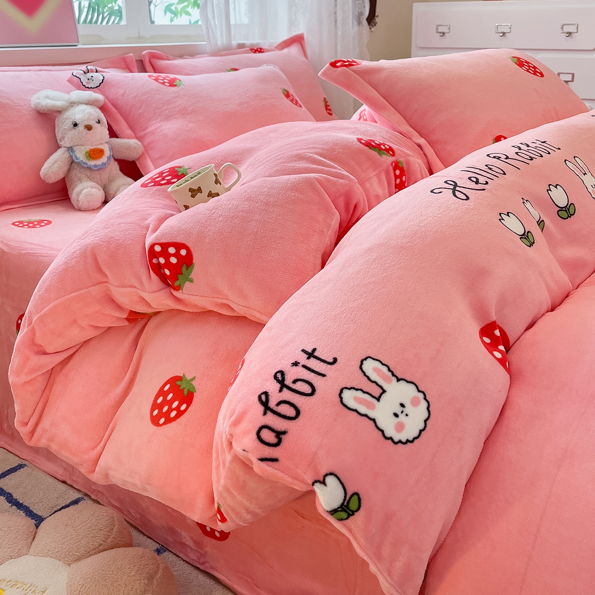 卡斯诺家纺馆 2025新款高克重牛奶绒印花四件套 奶油甜心